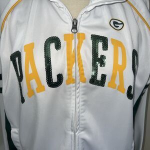 Green Bay Packer Woman’s White Zip-up Sweatshirt Size XXL with Sequins